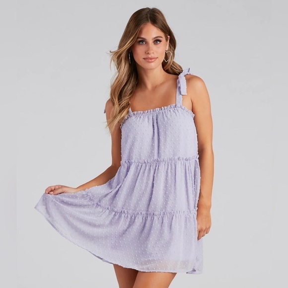 Windsor Dresses & Skirts - NWT Windsor Swiss Dot Tiered Babydoll Mini Dress Lavender Tie Strap Ruffle Small